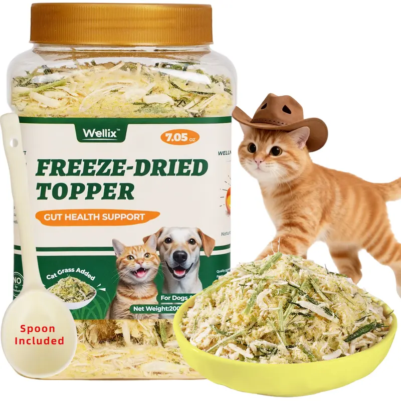 Wellix Freeze Dried Cat Grass Food Topper Chicken Flavor With Cat Grass, Egg Yolk & Chicken, Hairball Control, Healthy Treats for Cats & Dogs 7.5 OZ #sohochic