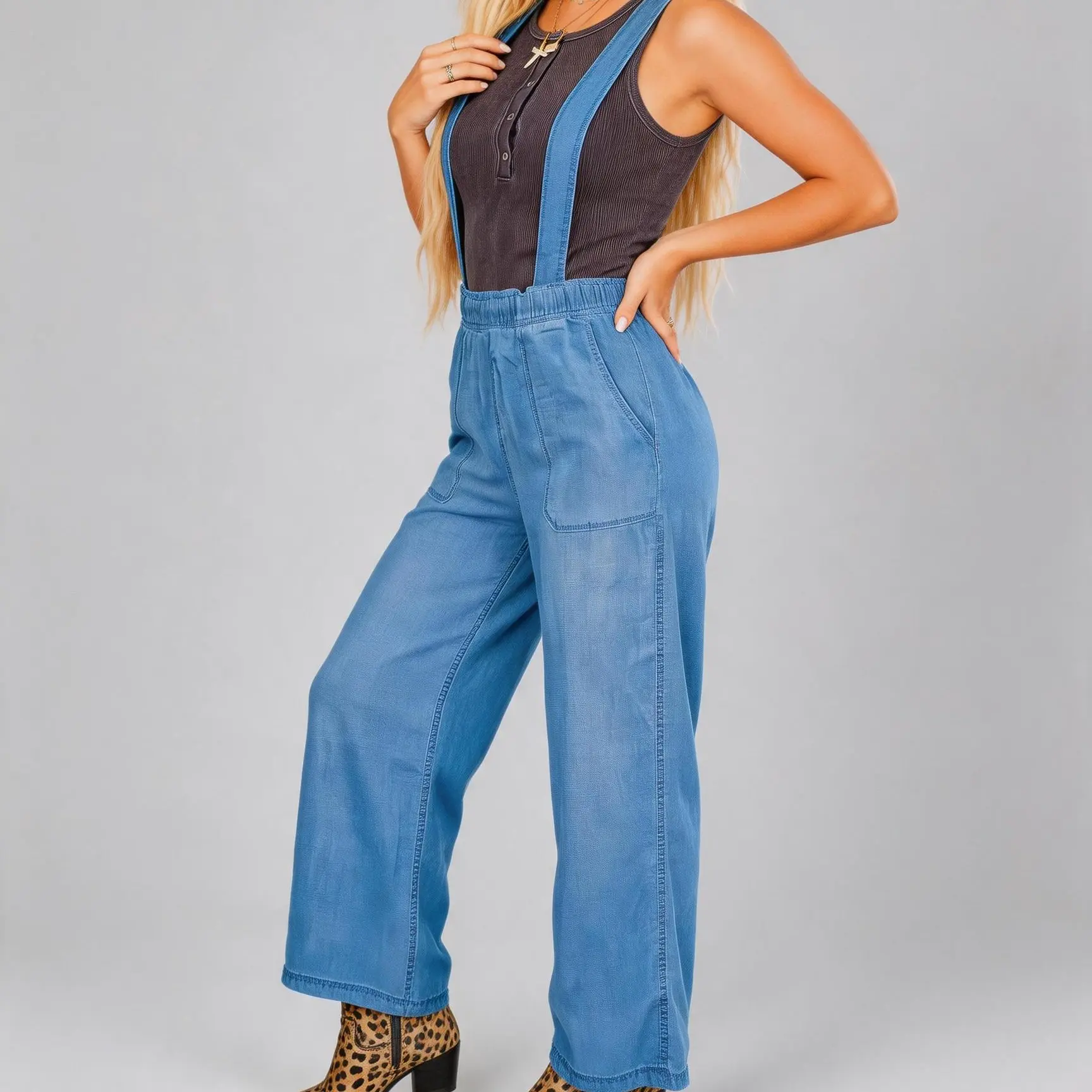 Women's Sleeveless Tencel Crop Overalls Jeans - Basic, Fashion Wide-Leg Straight, Thin Lightweight Breathable, Loose Baggy Elastic Waist, Washed Look, Machine Washable for Day, Streetwear, Party