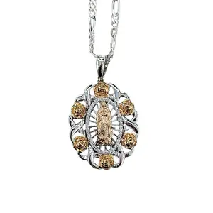925 Silver Virgencita 3.3CM Long Pendant Rose Gold Flowers, Sold with or Without Chain, 3MM Figaro Chain