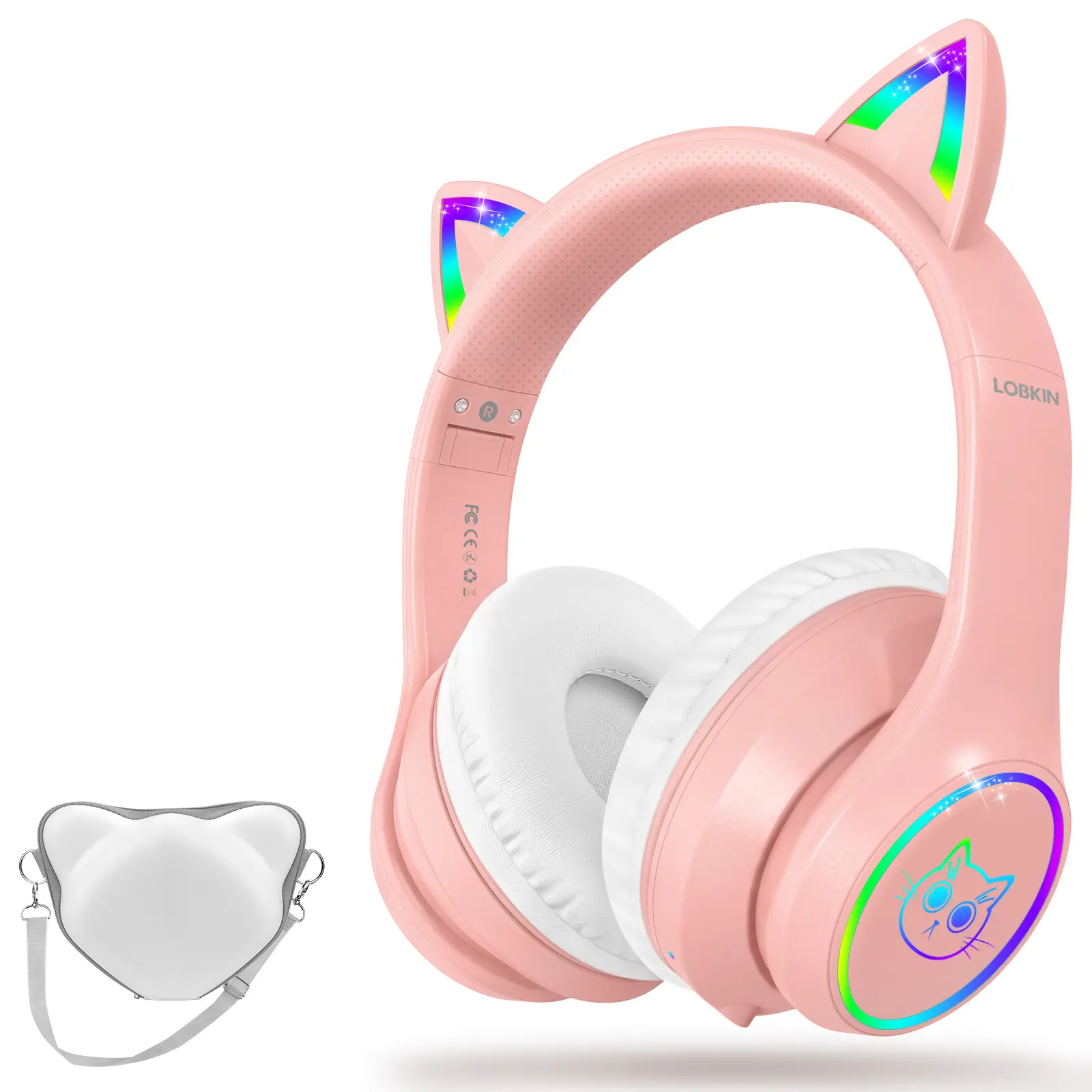 LOBKIN Bluetooth 5.4 Kids Over-Ear Headphones with Case - RGB LED Light-Up Cat Ears, Folding Adjustable Sponge Cushions, Wireless/Audio 3.5mm Wired Modes, Electronic Device for Boys & Girls