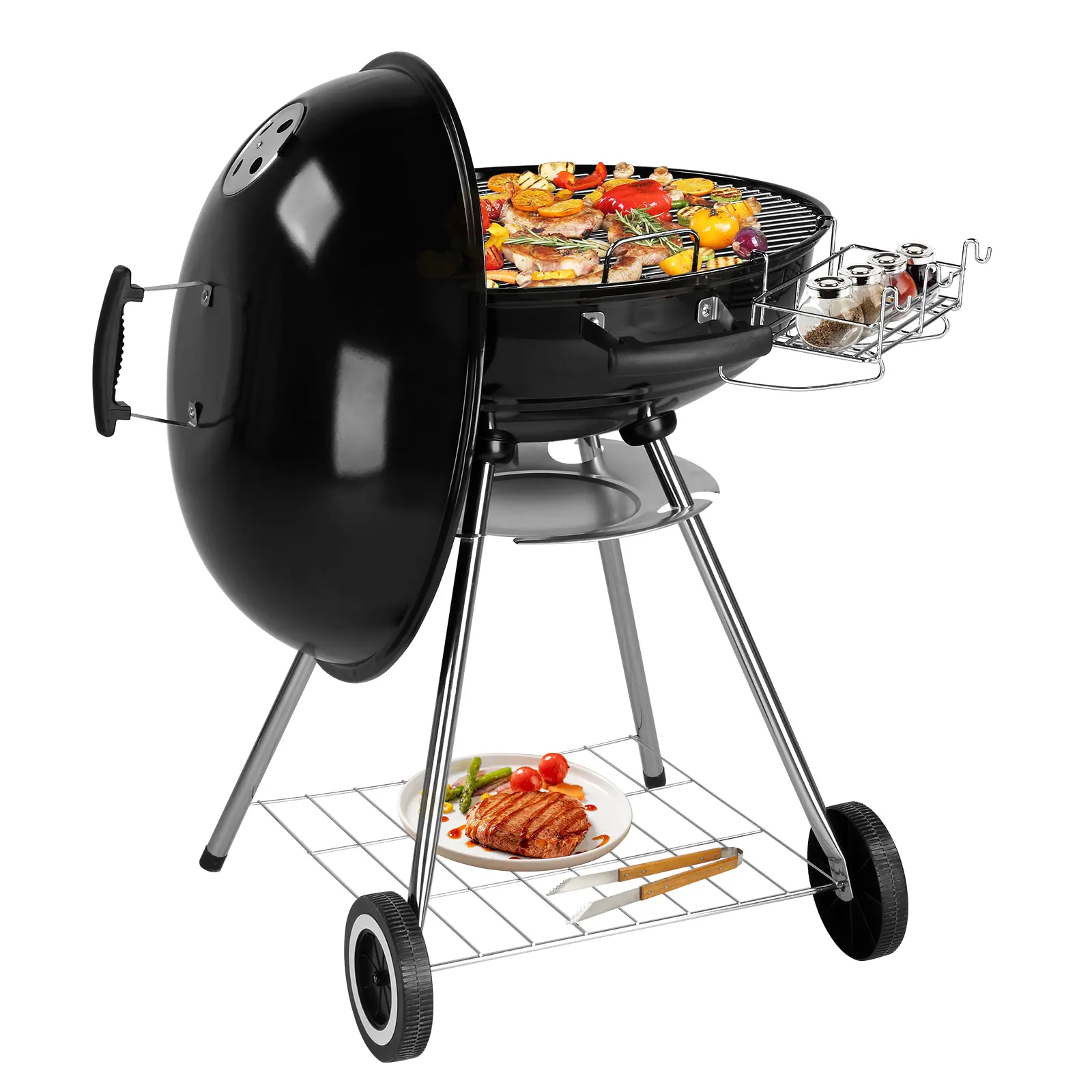 28-Inch Portable Charcoal Combo Grill with Wheels, Storage, Thermometer, Porcelain Enamel Lid, Ash Catcher – Heavy-Duty Outdoor Cooking Equipment for Camping, Beach, Backyard Party, Round, Barbecue Grill, Single Unit