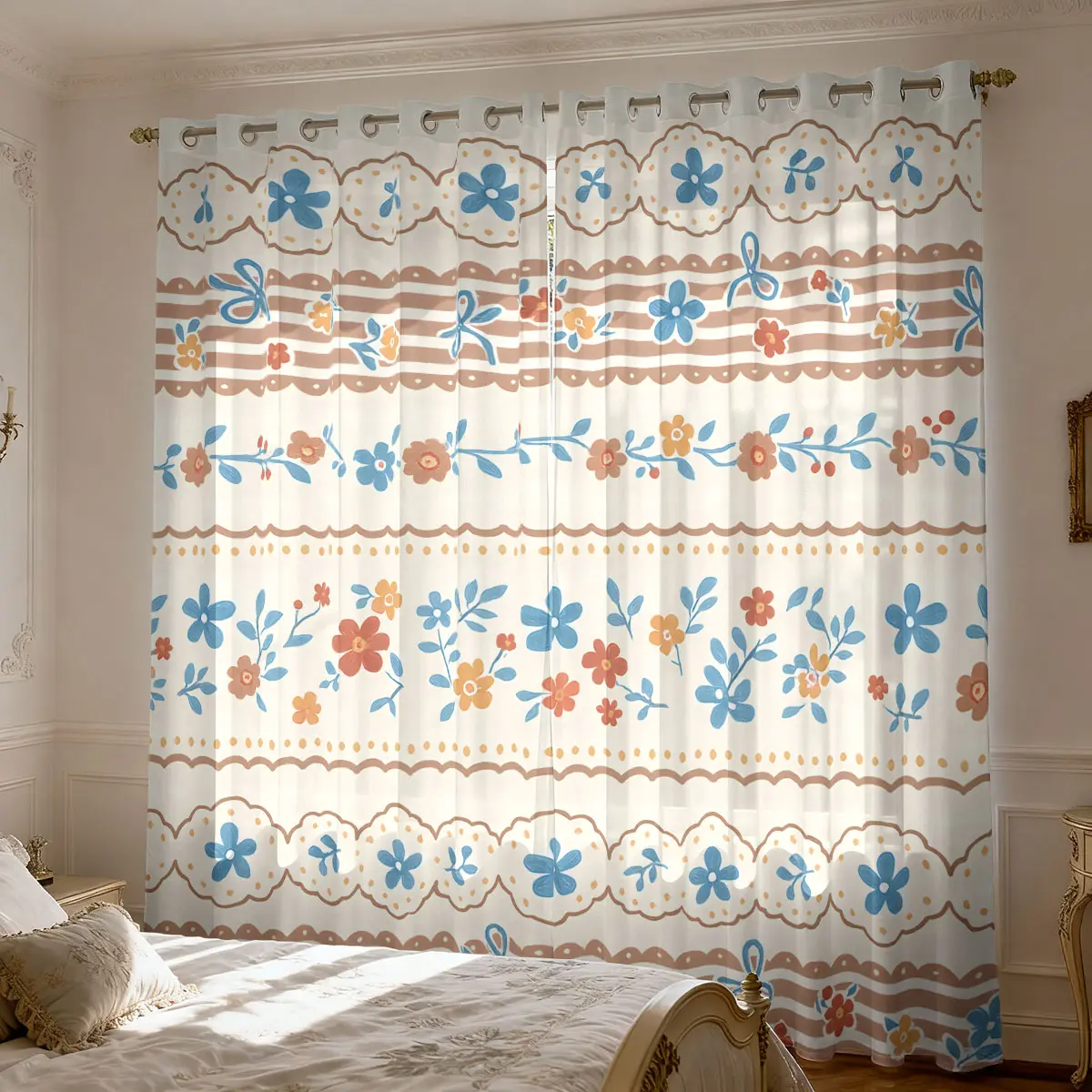 2 Panel Farmhouse Print Light Filtering Curtains, 104 Inch Long, Semi-Transparent for Living Room, Bedroom, Dining Room, Sheer Printed Curtains, Window Drapes