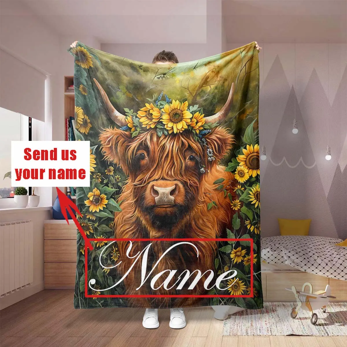 Custom Name Cow Print Throw Blanket - Highland Cow, Greenery, Yellow Sunflowers Art, Animals, Multi-Size All-Seasons Home Decor for Bedroom, Couch