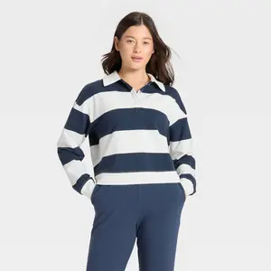 Women's Modal French Terry Polo Sweatshirt - All In Motion Navy Blue/Cream S
