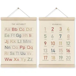 Alphabet Numbers Poster Hanger Frame Set of 2, Nursery Wall Decor, ABC Banner Poster Wall Art with Wooden Frames, Alphabet Banner Wall Hanging Decor for Toddler Playroom Nursery, 12x16 Inch