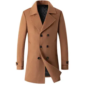 Men's Woolen Jackets, 2026 Autumn-Winter Menswear Mid-Length Double-Breasted Long-Sleeve Thick Cotton Garment with Pocket