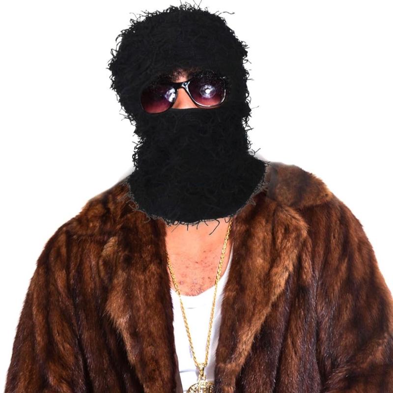 Balaclava Distressed Black Ski Mask for Men Women, Yeat Shiesty Mask Winter Warmer Fuzzy Face Mask Beanie