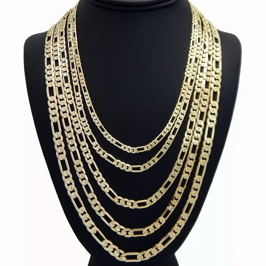 MaxBling81 14K Stamped Gold Brass Figaro Chain Necklace, Premium High-End Unisex Fashion Costume Jewelry Accessory for Men and Women