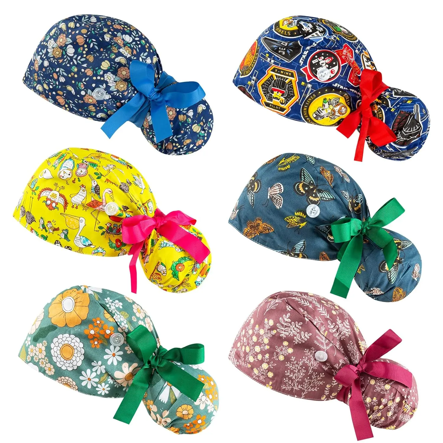 6PCS Scrub Caps Women Bouffant Scrub Caps, Adjustable Working Cap Ponytail Pouch Tie Back Shower Cap