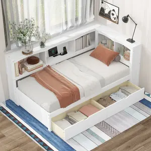 Twin Daybed with Bookcase Headboard and Drawers, Solid Wood Platform Bed Frame with Charging Station and Storage Shelves, USB Port, Reinforce Slats, No Box Spring Needed