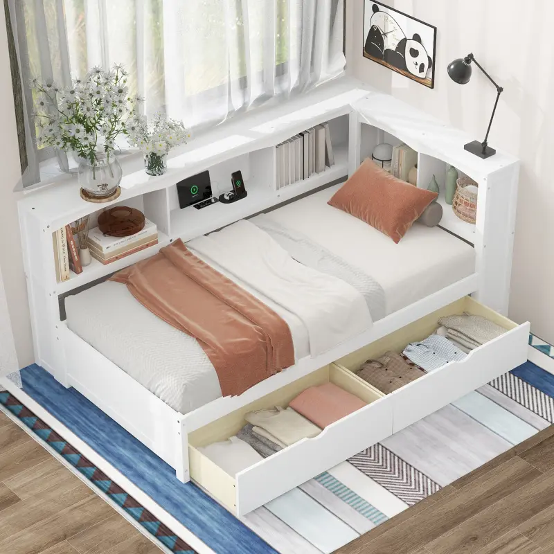 Twin Daybed with Bookcase Headboard and Drawers, Solid Wood Platform Bed Frame with Charging Station and Storage Shelves, USB Port, Reinforce Slats, No Box Spring Needed