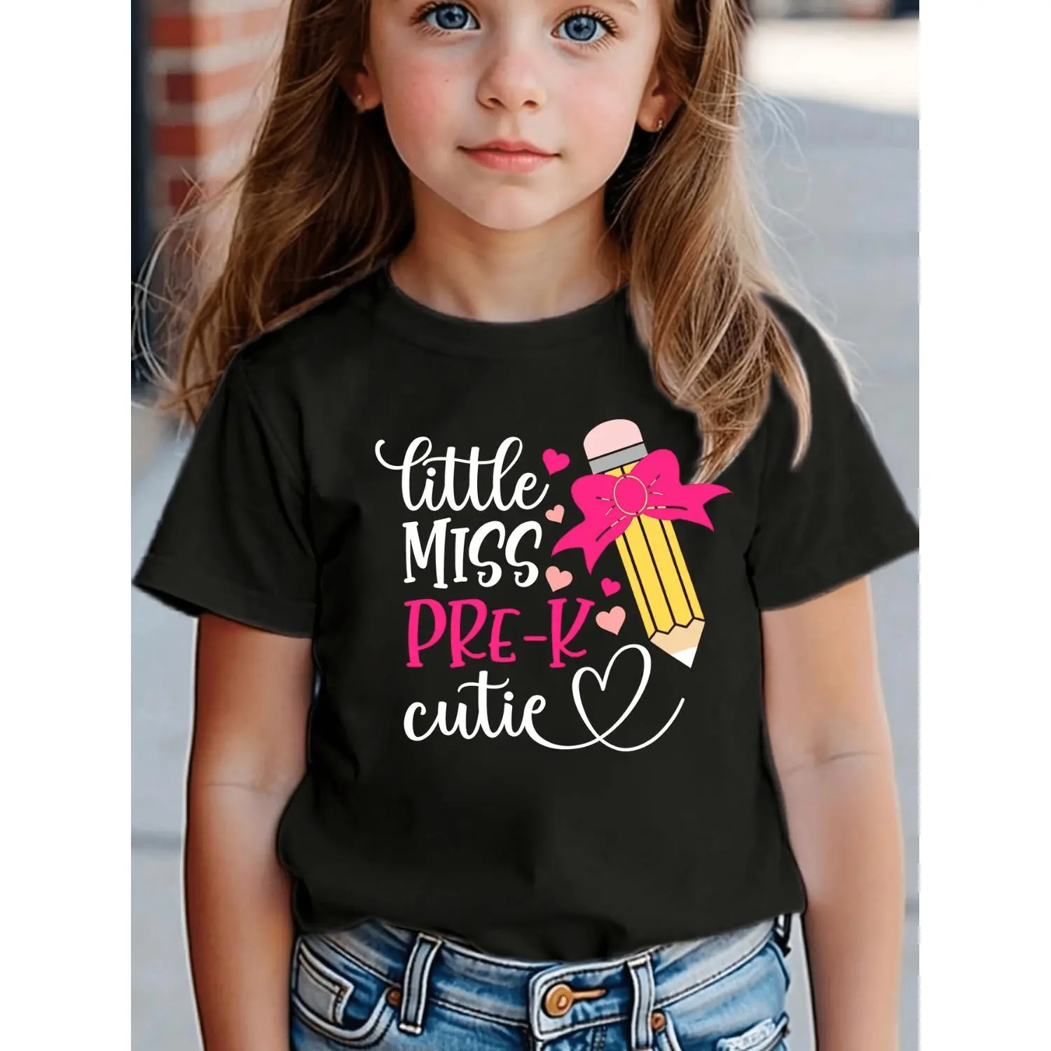"LITTLE MISS PRE-K CUTIE"Pencil Pattern Print - Girls' T-Shirt - Celebrating The Start Of The School Term