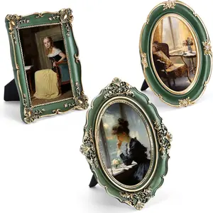 3 count  Picture Frame Set Oval Picture Frames Antique Frames  Photo Frame Ornate Frames with Glass Front Photo Display Tabletop  Wall Hanging Art(Green,Antique Style)