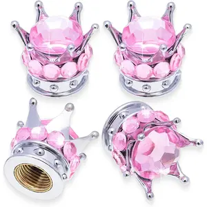 4PCS Crown Bling Tire Stem Valve Caps, Crystal Diamond Car Wheel Tire Valve Caps Universal Copper Core Stem Covers for Cars, SUV, Trucks, Bikes, Motorcycles, Bicycles (Silver & Pink)