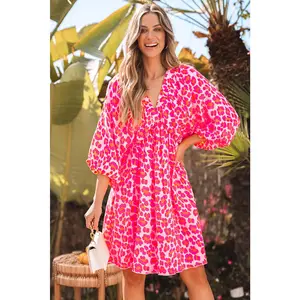 Pink Leopard Print Elasticated V Neck Puff Sleeve Dress
