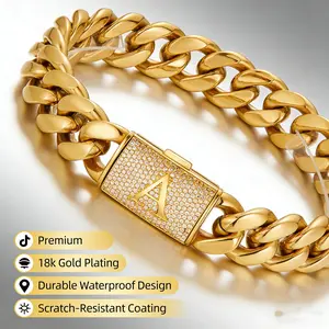 14mm Gold Miami Cuban Link Initial Bracelet – Custom A–Z Letter 18K Real Gold Plated Stainless Steel Solid Bracelet Waterproof & Scratch-Resistant Comes Perfect Gift for Boyfriend or Girlfriend