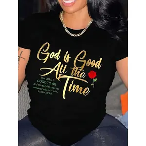 Women'S God Is God All The Time Letter Printed Round Neck Short Sleeve T-Shirt Black Top