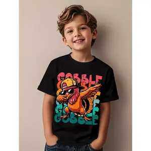Thanksgiving Turkey Dab Gobble Funny Graphic T-Shirt for Boys - Youth Short Sleeve Round Neck Casual Top with Cartoon Turkey & 'GOBBLE GOBBLE' Print, Machine Washable Holiday Party Outfit for Toddler & (Black)