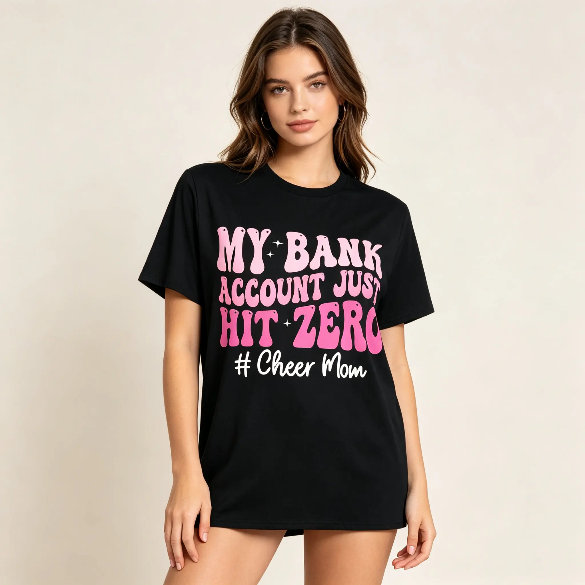 Women's Casual Round Neck Short-Sleeve Loose Fit T-Shirt Top - Cheer Mom Cheerleader Graphic Tee with 0 Bank Account Design, Breathable Skin-Friendly Fabric