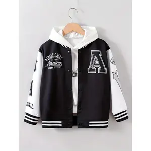 Boys' Preppy Style Varsity Jacket - Color Block "A" Letter Applique, Ribbed Collar, Zip-Up Baseball Coat for Fall/Winter, Polyester & Elastane Blend, Machine Washable