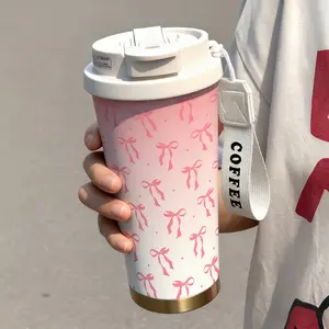 1 Pc insulated mug pink bow ribbon vacuum cup, Vacuum insulated flask, double wall stainless steel leak-proof travel coffee tumbler, tumbler for hot cold drinks, keeps warm 12 h/cold 24 h, 18oz pink thermal mug for women, holiday gift