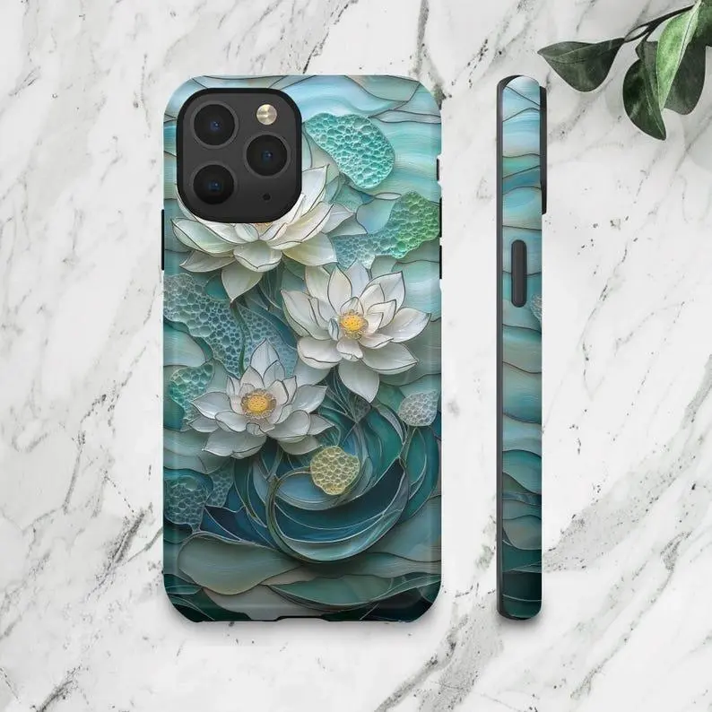 Stained Glass Lotus Blossom Magnetic Tough Case – Boho Floral , Nature Inspired Phone Protection.Case Suitable for IP 11 12 13 14 15 16 17Pro, Plus, Promax,Tough Case