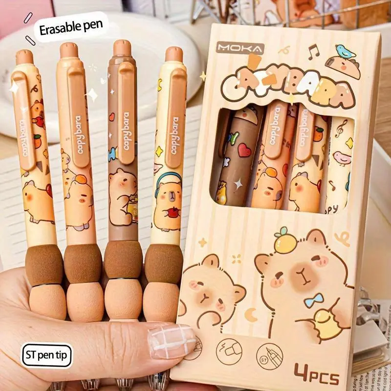 4/12 Counts Cute Capybara Pattern Erasable Gel Pen Set, 0.5mm Retractable Writing Pen for Office, School, Student, Office Stationery Supplies, Writing Tools, Cute Pens, Unique Pens, Animal Design Pens
