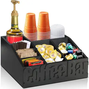 Coffee Bar Organizer for Countertop Accessories, Wood Farmhouse Coffee Pod Syrup Holder, Condiment Organizer for Home Decor Black