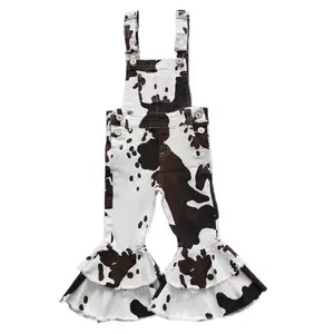 P0084-Fashion Girl Western Cow Leopard Kids Adjustable Overalls Denim