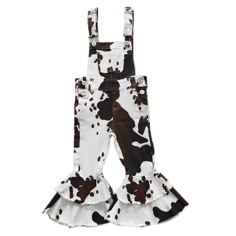 P0084-Fashion Girl Western Cow Leopard Kids Adjustable Overalls Denim