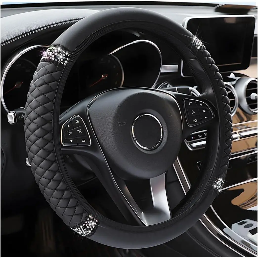 Bling Rhinestone Steering Wheel Cover - 15 in Soft Synthetic Leather Elastic Protector, Sparkle Tool-Free Car Accessory for Women, Interior Decor for Driving (Black)