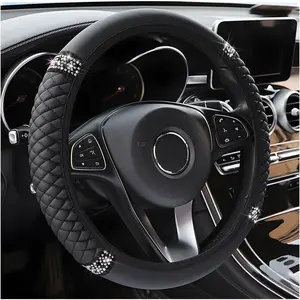 Bling  Steering Wheel Cover, 15 Inch Rhinestones Soft Leather Elastic Steering Wheel Protector, Sparkly   for Women Girls,  Interior Accessories for   (Black)