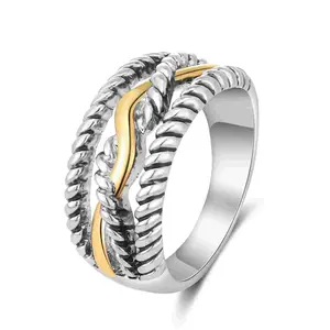 Aprilery Elegant Two Tone Crossover Statement Twisted Cable Wire Ring for Women，Chunky Wide Band Fashion Jewelry