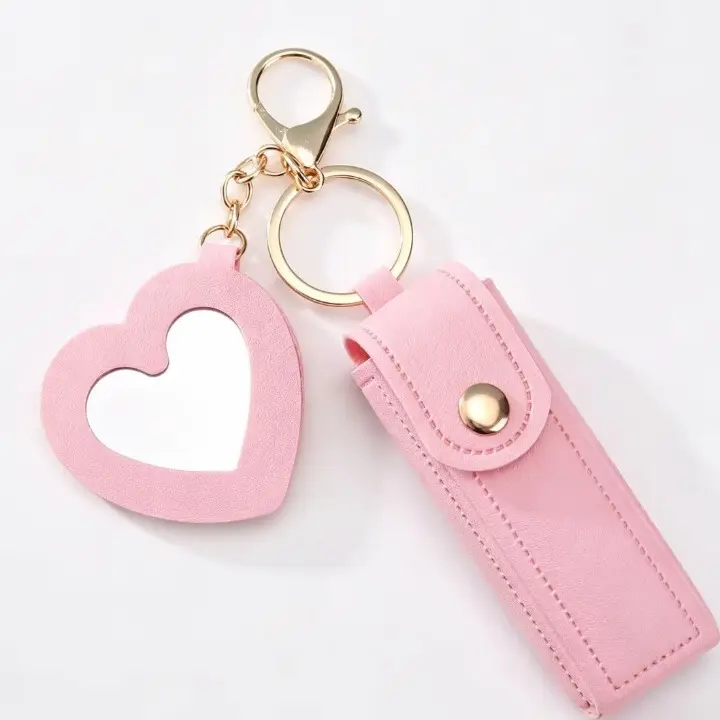 Heart-Shaped Mirror Lipstick Keychain Holder, Portable Pocket Makeup Stand, Travel Accessory, Gift for Family and Friends, Minimalist Design Keychain, Trendy Cute Keychain With Keychain
