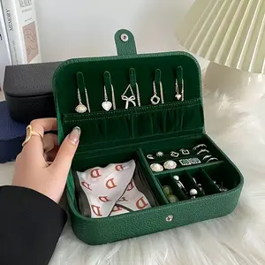 Portable Dark Green PU Litchi Pattern Leather Jewelry Organizer Box with Button, Travel Jewelry Storage Case for Rings, Bracelets, Necklaces, Earrings Display Gift