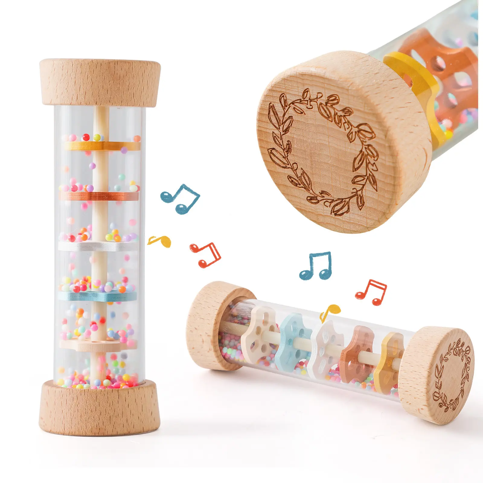 Wooden Baby Rainstick Orff Percussion Toy - Simulated Rain Sound, Rainbow Hourglass Sand Bell, Rattle Maracas Sensory Beads Noise Maker, Newborn Early Education Music Teaching Aid Play Gift