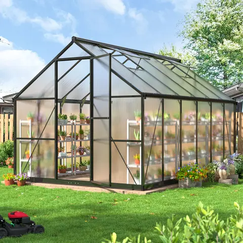 Outdoor Greenhouse, Polycarbonate Greenhouse Featuring a Quick Assembly Structure and Roof Ventilation, Aluminum Walk-In Greenhouse for Garden Backyard Use