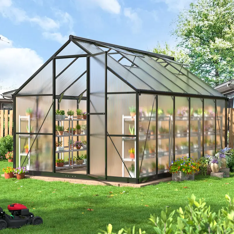 Outdoor Greenhouse, Polycarbonate Greenhouse Featuring a Quick Assembly Structure and Roof Ventilation, Aluminum Walk-In Greenhouse for Garden Backyard Use