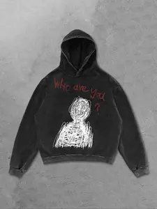 Men's Vintage Washed Loose Hoodie, Graphic Knit Pattern Print, Comfortable Sportswear, Casual Menswear Long Sleeve Sweatshirt for All Seasons