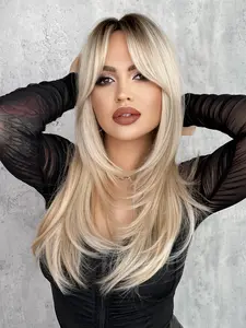 24 Inch Straight Layered   Wigs for Women, Fashion Fluffy Wigs with Bangs, Synthetic Full Machine Wigs for Daily Wear, Hairstyle