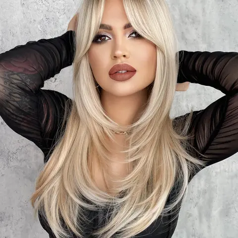 24 Inch Straight Layered Wigs for Women, Fashion Fluffy Wigs with Bangs, Synthetic Full Machine Wigs for Daily Wear, Hairstyle, Synthetic Material Wigs
