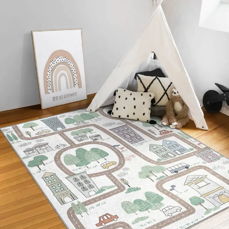 Nursery Road Play Mat Playroom Rug Rectangle Traffic Play Mat Soft Road Rug Gift For Kids Room Non-Slip Kids Rug Car Road Rug