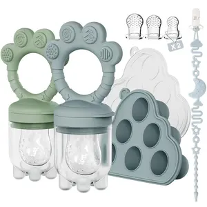 Silicone Baby Fruit Feeder Pacifier & Breastmilk Popsicle Freezer Molds Tray, Infant Teething Toys & Self Feeding Training Set, Baby Food Storage Containers, BPA Free (Pink & Purple)
