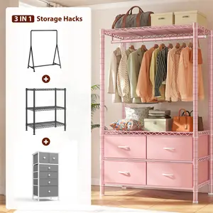 Raybee 3 in 1 Clothes Rack with 4 Drawers, 445LBS Heavy Duty Clothing Rack Closet Rack, Garment Racks for Hanging Clothes Heavy Duty Clothes Rack DIY Portable Adjustable Storage Rack for Apartment, Bedroom, Laundry Room