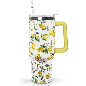 Ceovfoi 40 oz Lemon Print Stainless Steel Tumbler With Lid and Straw - Yellow Coffee Travel Mug Cup Water Bottle - Gifts for Lemon Lovers