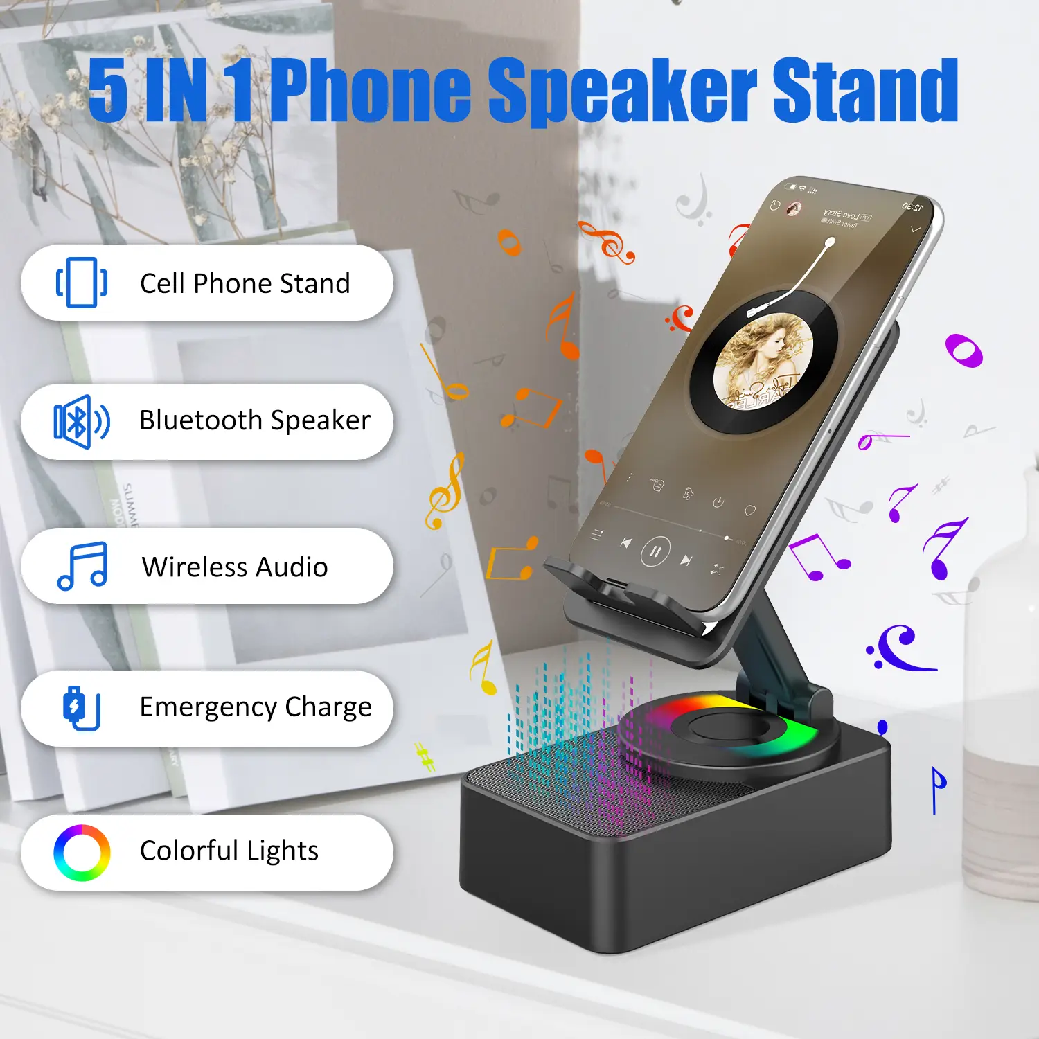 Upgraded 5in1 Wireless Bluetooth Speaker Phone Holder - Colorful Light Spinning Foldable Emergency Charging for Tablet IOS Android, Gift for Men Women