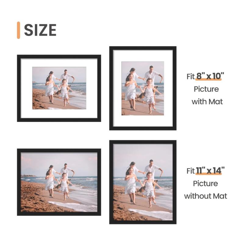 Valentine‘s Gift - 11x14 Picture Frame with Polished Plexiglass - Set of 5 - Use as 8x10 Frame with Mat or Display 11x14 Photo Without Mat - Galleria Collection - Picture Frames for Wall Display - Black