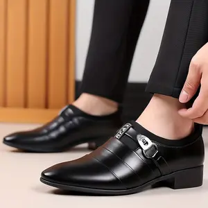 Men's Black Main Glossy Pointed Toe Spliced Formal Shoes, Metal Decor Business Casual Style, Suitable for Weddings, Banquets, Meetings and Semi-formal Occasions