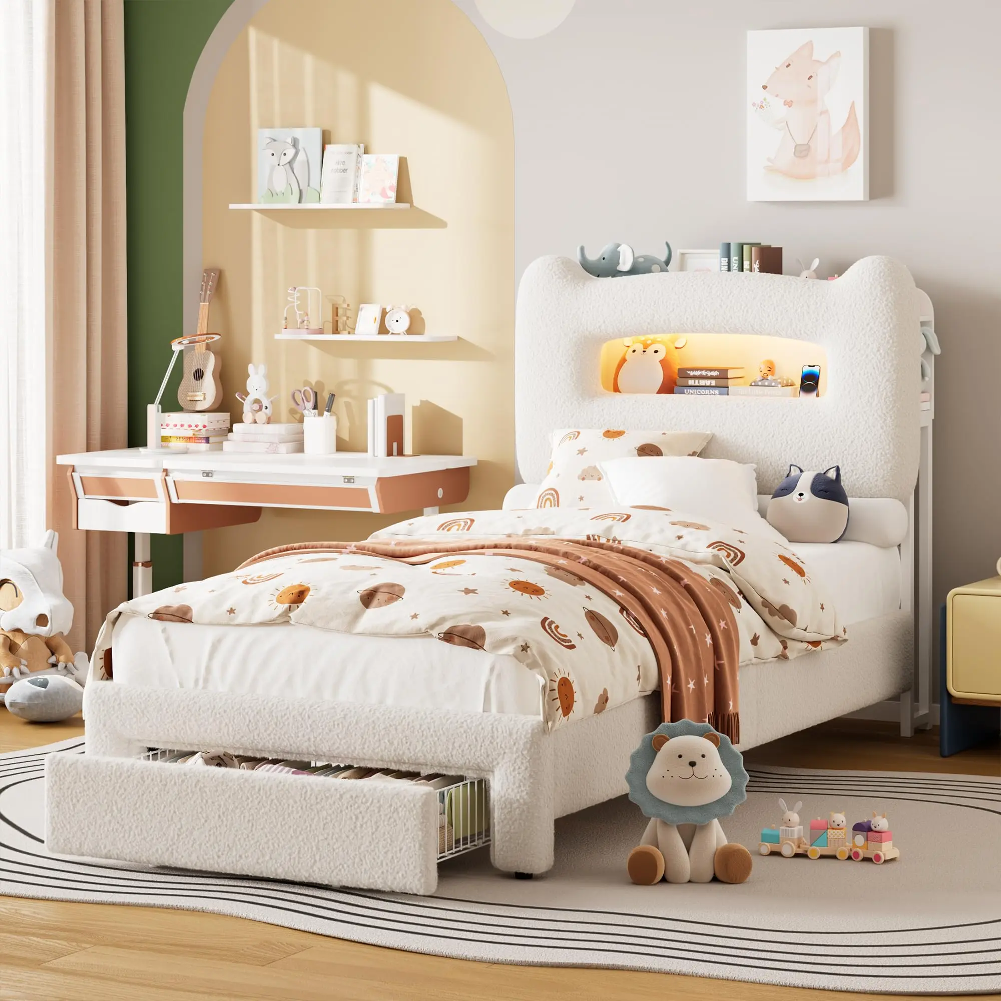 Garvee Twin Bed Frame - Upholstered Single Bed Frame with 2-Level Storage Headboard, LED Platform, Charging Station, Drawer, Sturdy Metal Support, No Box Spring Needed