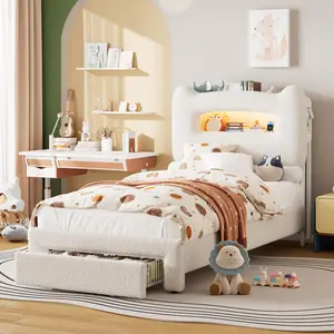 Garvee - Upholstered Frame for Single Bed with 2-Level Storage Headboard, LED Platform with Charging Station and Drawer for Kids, Sturdy Metal Support, No Box Spring Needed